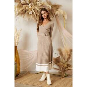 NEW ENDLESS BLU. belted pleated midi sweater dress in beige
